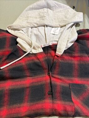 Men’s Red and Black Plaid Button-Down Shirt with Cream Hood